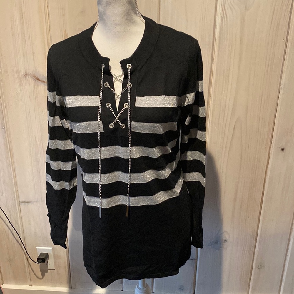 Michael Michael Kors striped shimmery gray and black sweater nwt